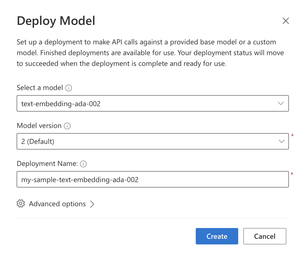 Dialog for deploying the embeddings model in Azure Open AI Service
